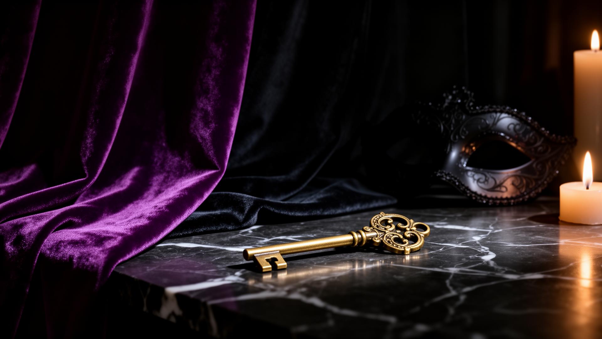 Velvet curtains, ornate brass key, and masquerade mask in candlelight